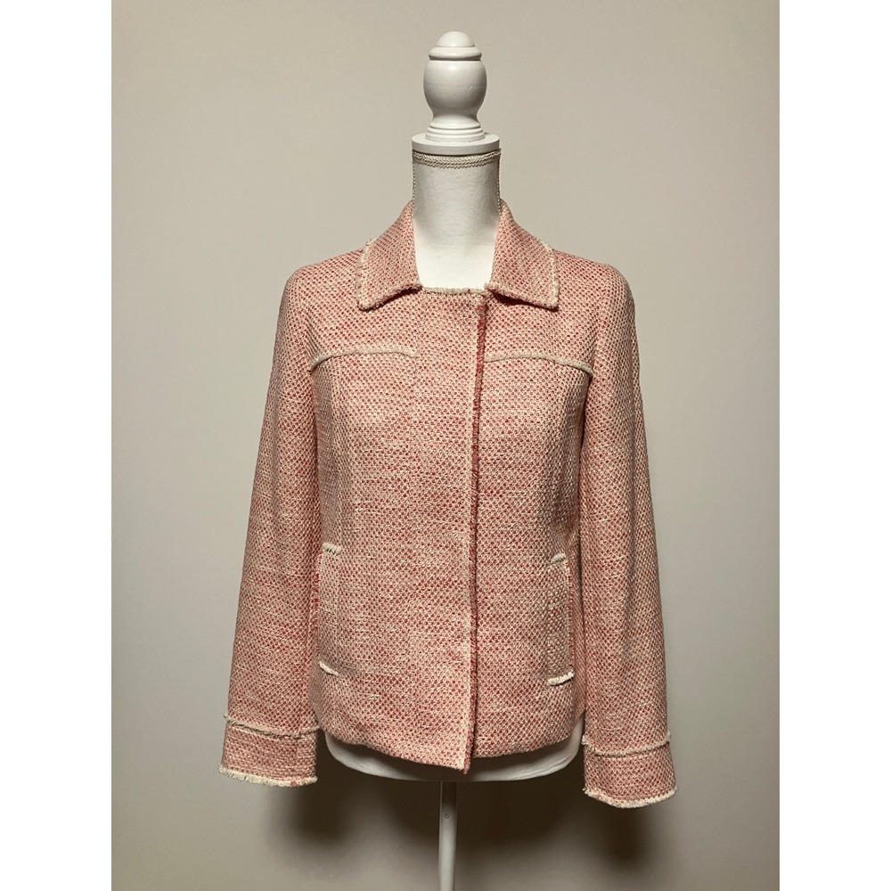 J. Jill Womens Tweed Zip Front Jacket XS Pink White Cotton Blend Fringe Trim